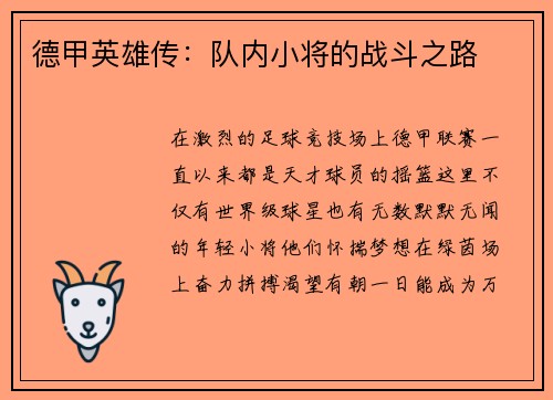 德甲英雄传：队内小将的战斗之路